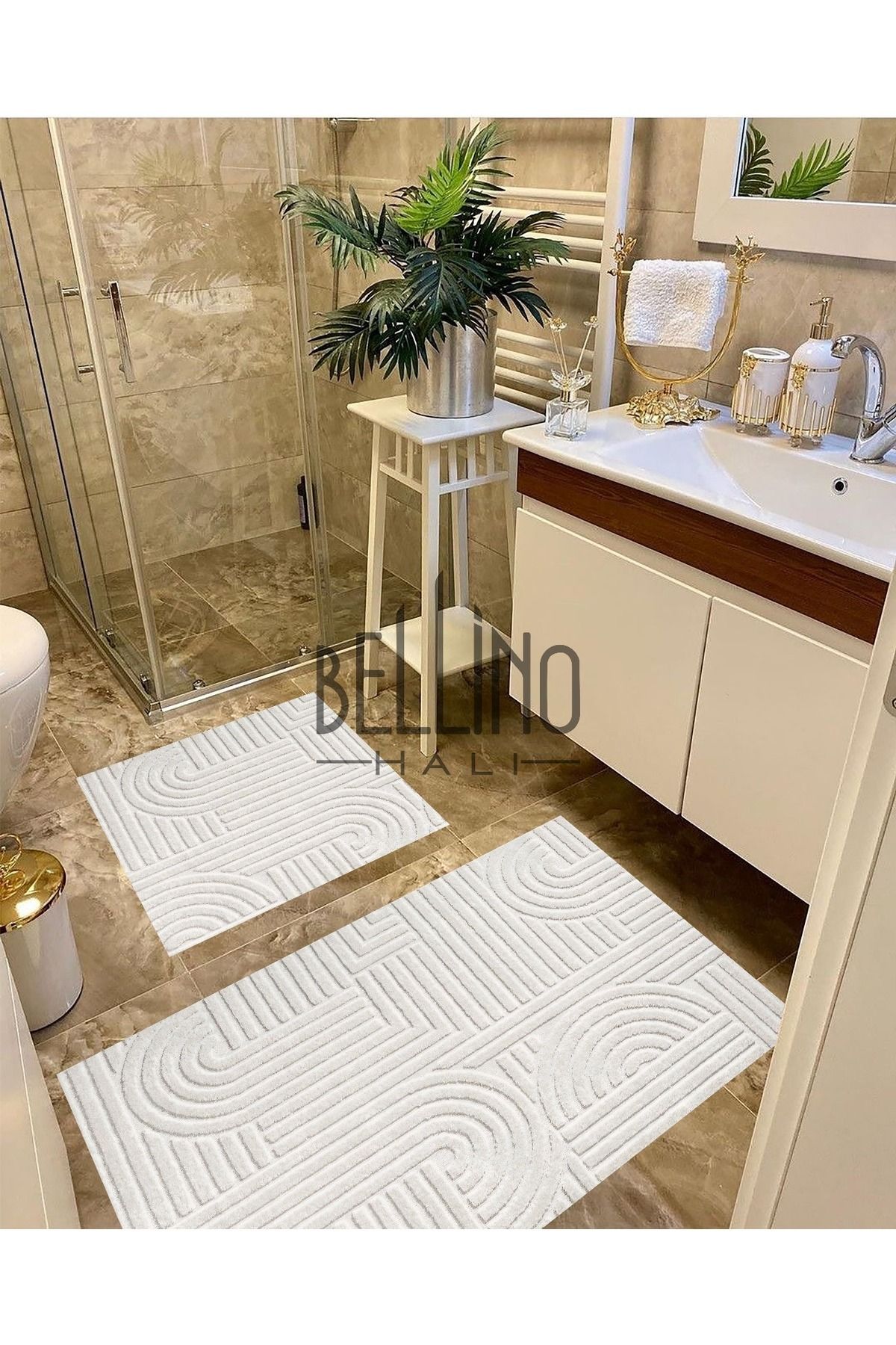 Yıkanabilir Kaymaz Pamuk Dokuma Taban Soyut Desenli 60x100-50x60 2'li Banyo Paspası Klozet Takımı 19