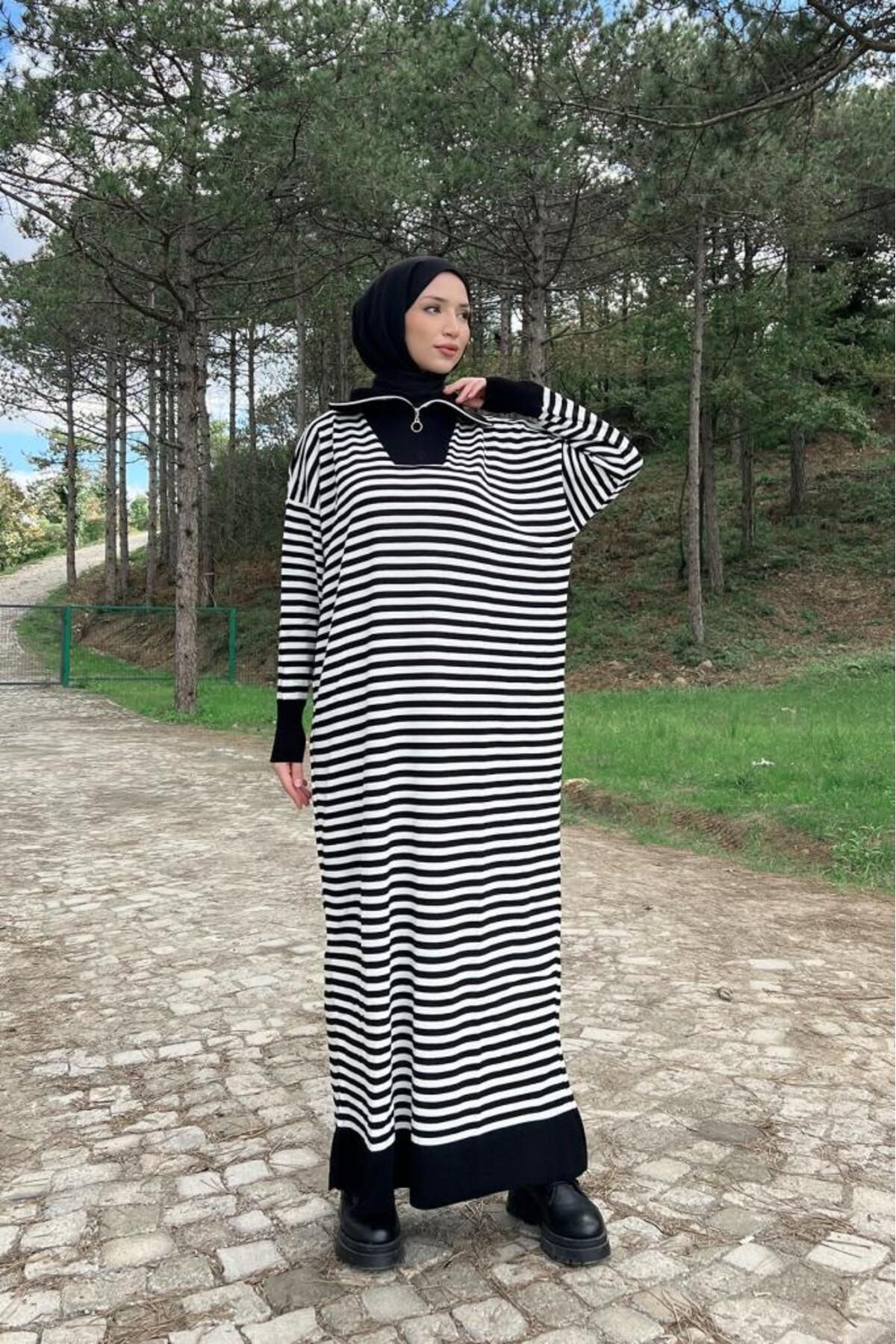 Lamia Giyim-Horizontal Striped Zippered Hijab Knitwear Dress Black 3