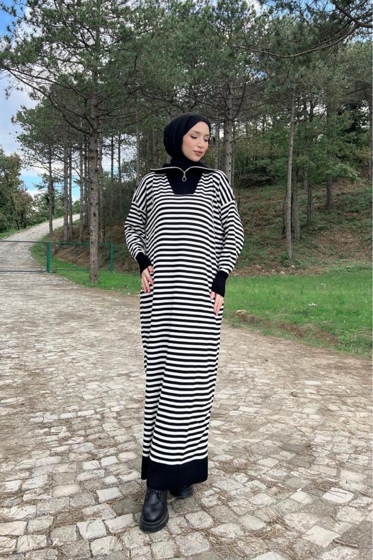 Lamia Giyim-Horizontal Striped Zippered Hijab Knitwear Dress Black 1