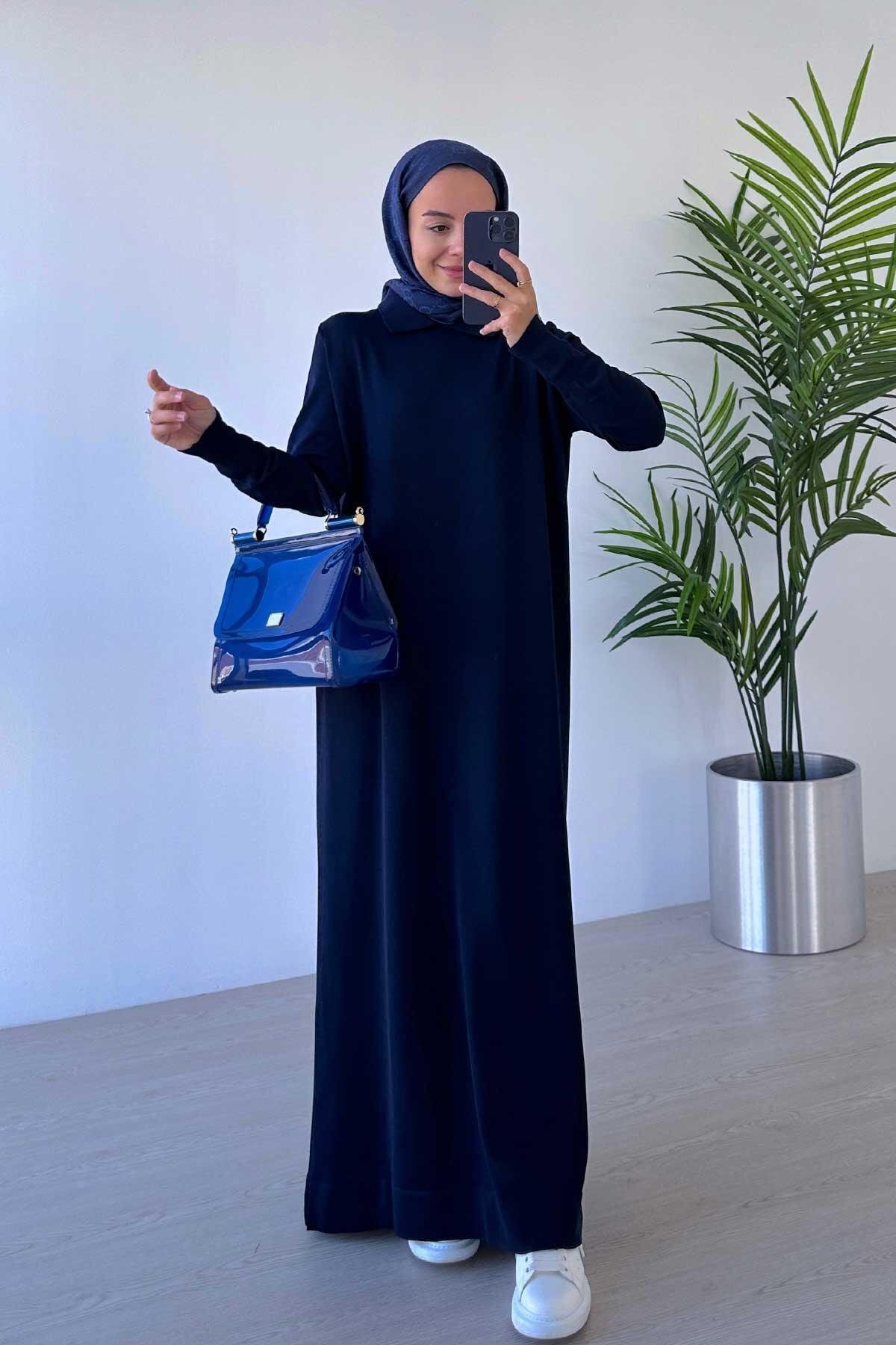 Ka Hijab-Rochie cu guler cămașă mercerizată bleumarin 1