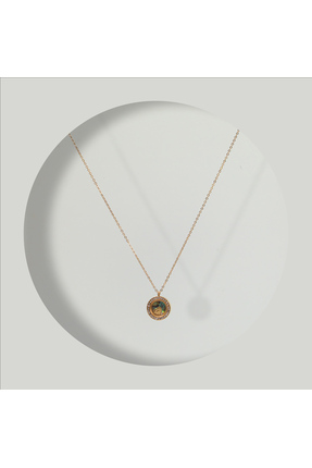 FOURSOLOS Çelik Kadın Kolye, Cam Çerçeveli Taş ve Kalp Detaylı, Gold Renk, No:94