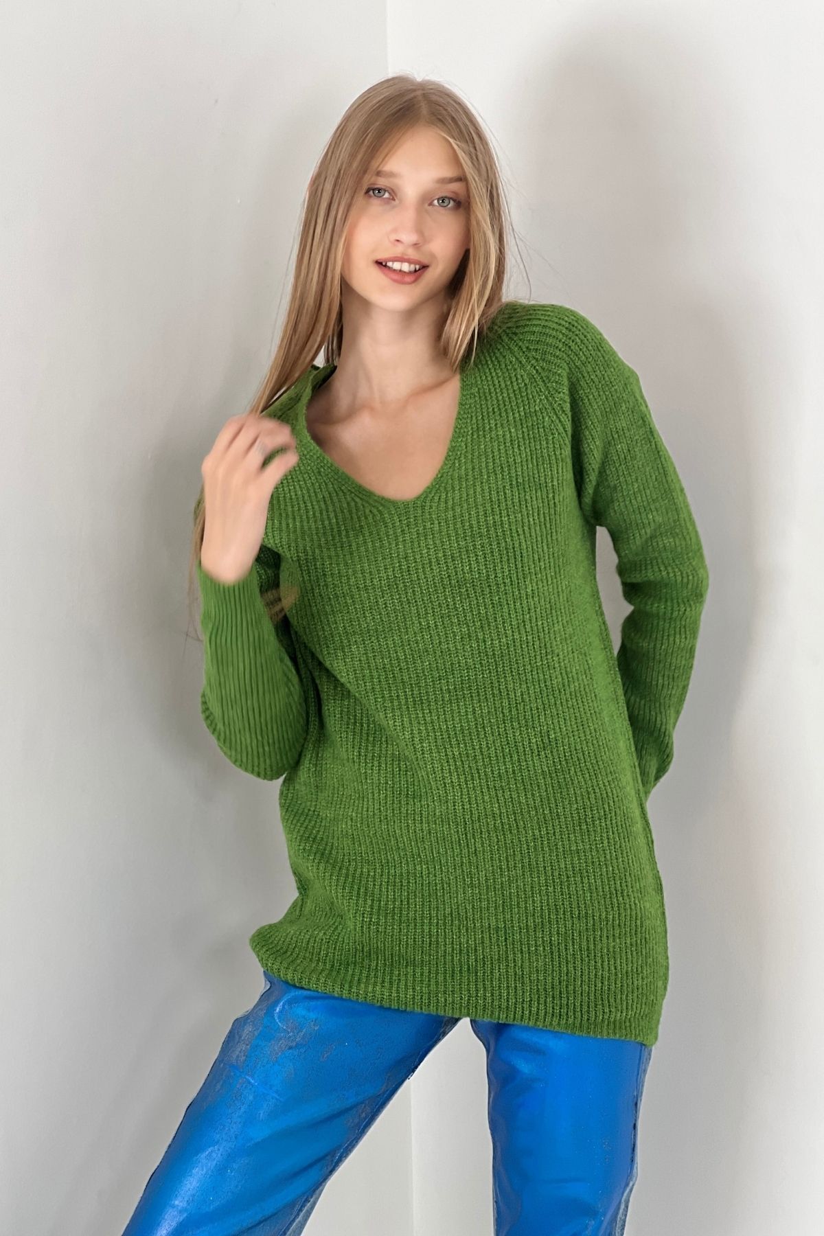 Miss Poem-Pulover de damă, cu mânecă lungă, cu mânecă lungă, cu nervuri, verde scurt 6