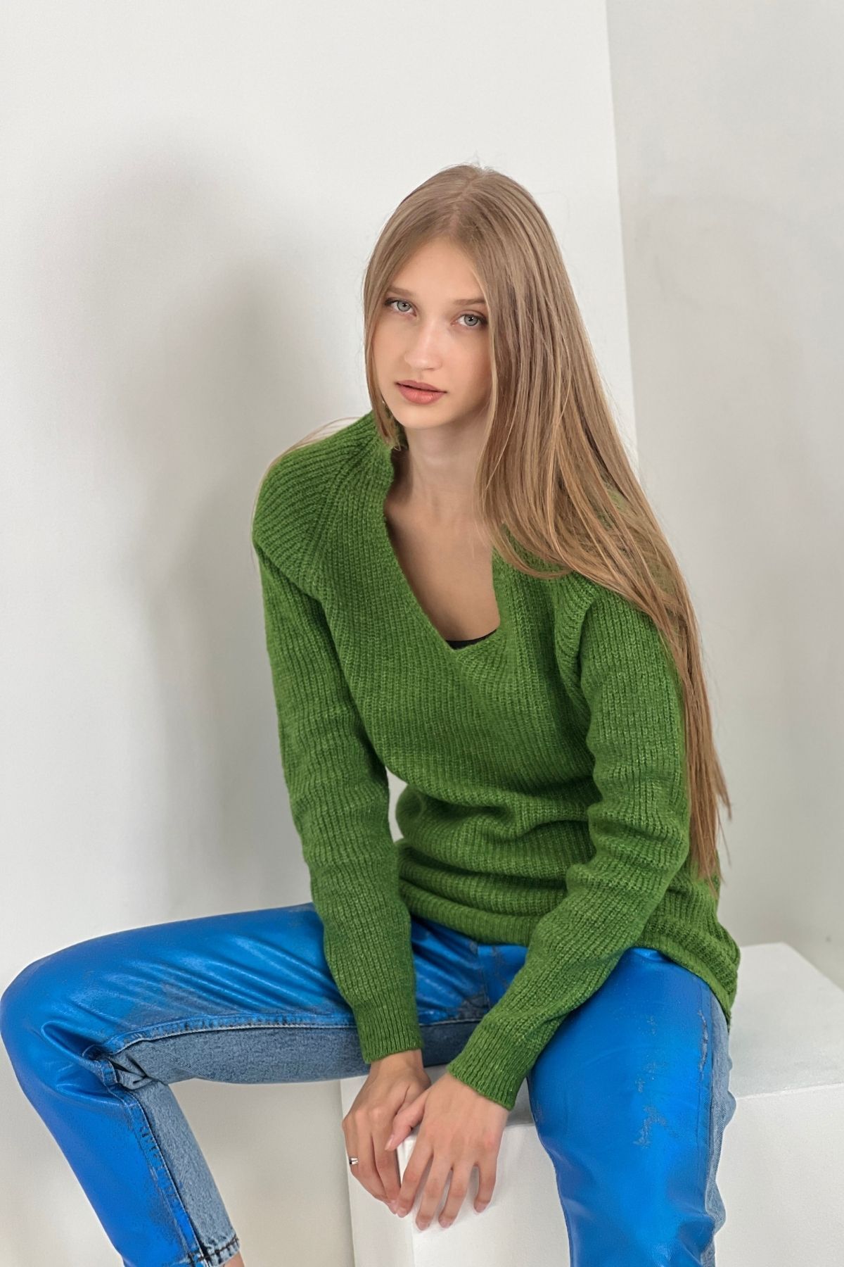 Miss Poem-Pulover de damă, cu mânecă lungă, cu mânecă lungă, cu nervuri, verde scurt 5