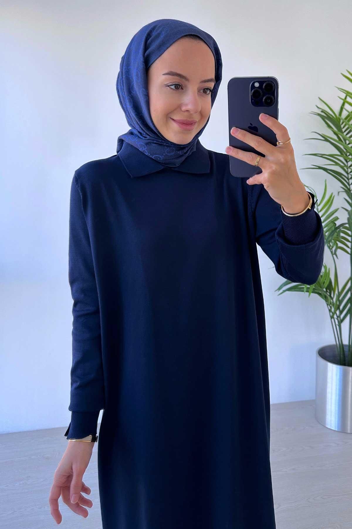 Ka Hijab-Rochie cu guler cămașă mercerizată bleumarin 4