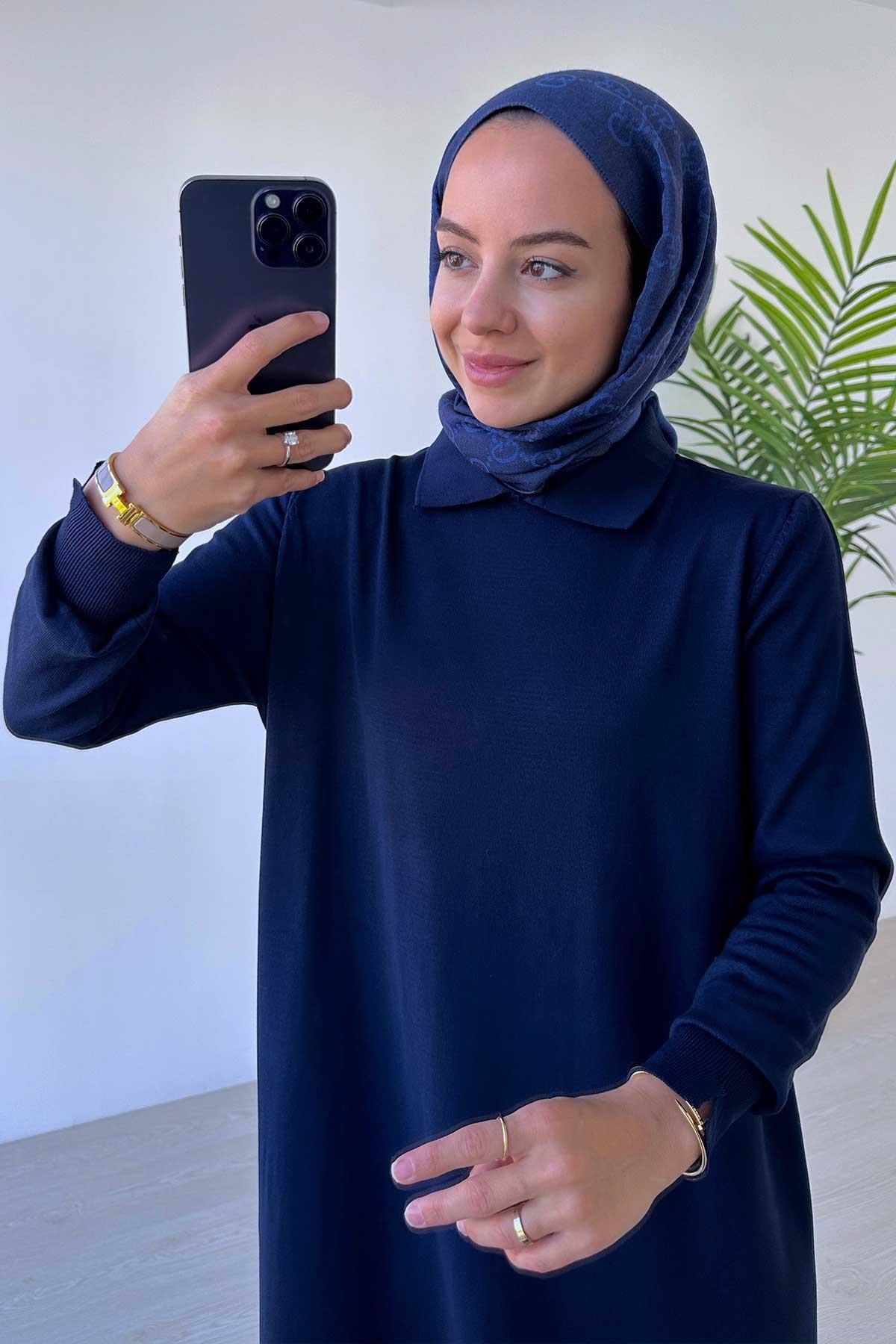 Ka Hijab-Rochie cu guler cămașă mercerizată bleumarin 6