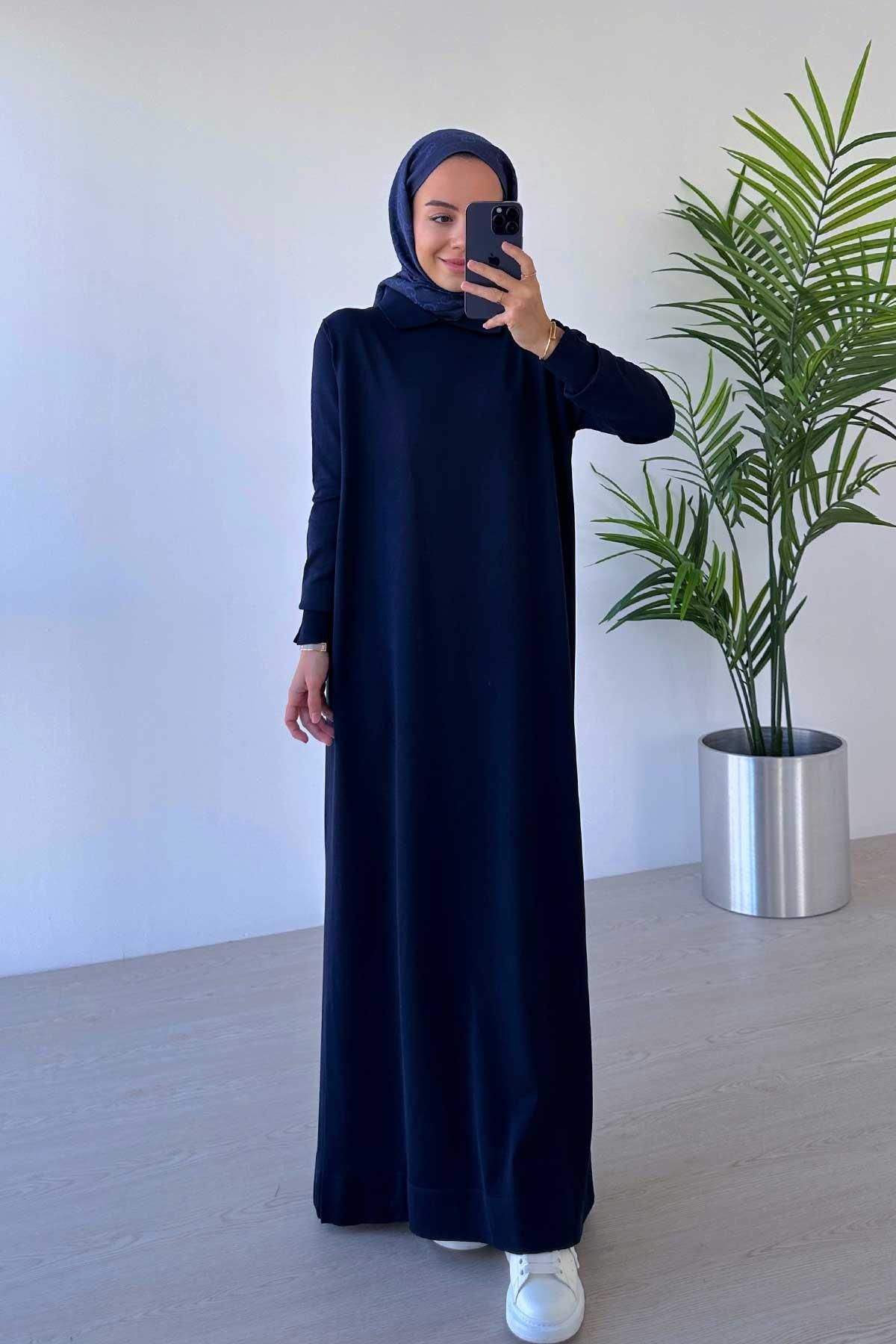 Ka Hijab-Rochie cu guler cămașă mercerizată bleumarin 2