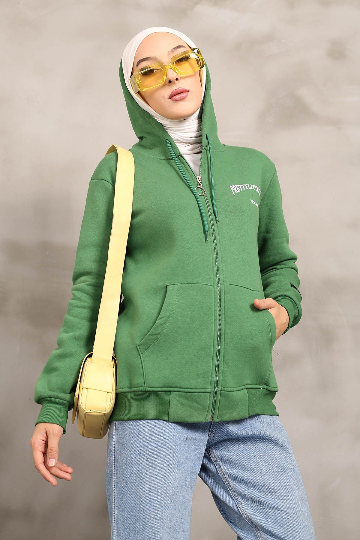 İmajButik-Green Hooded Three Thread Raised Sweatshirt 4