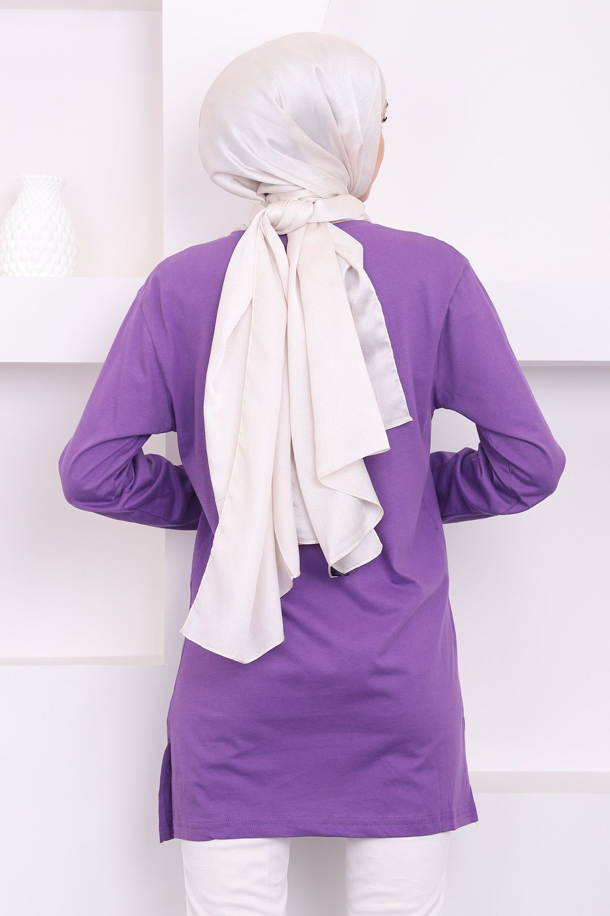 İmajButik-Long Sleeve Purple Printed Combed Cotton Tunic 4