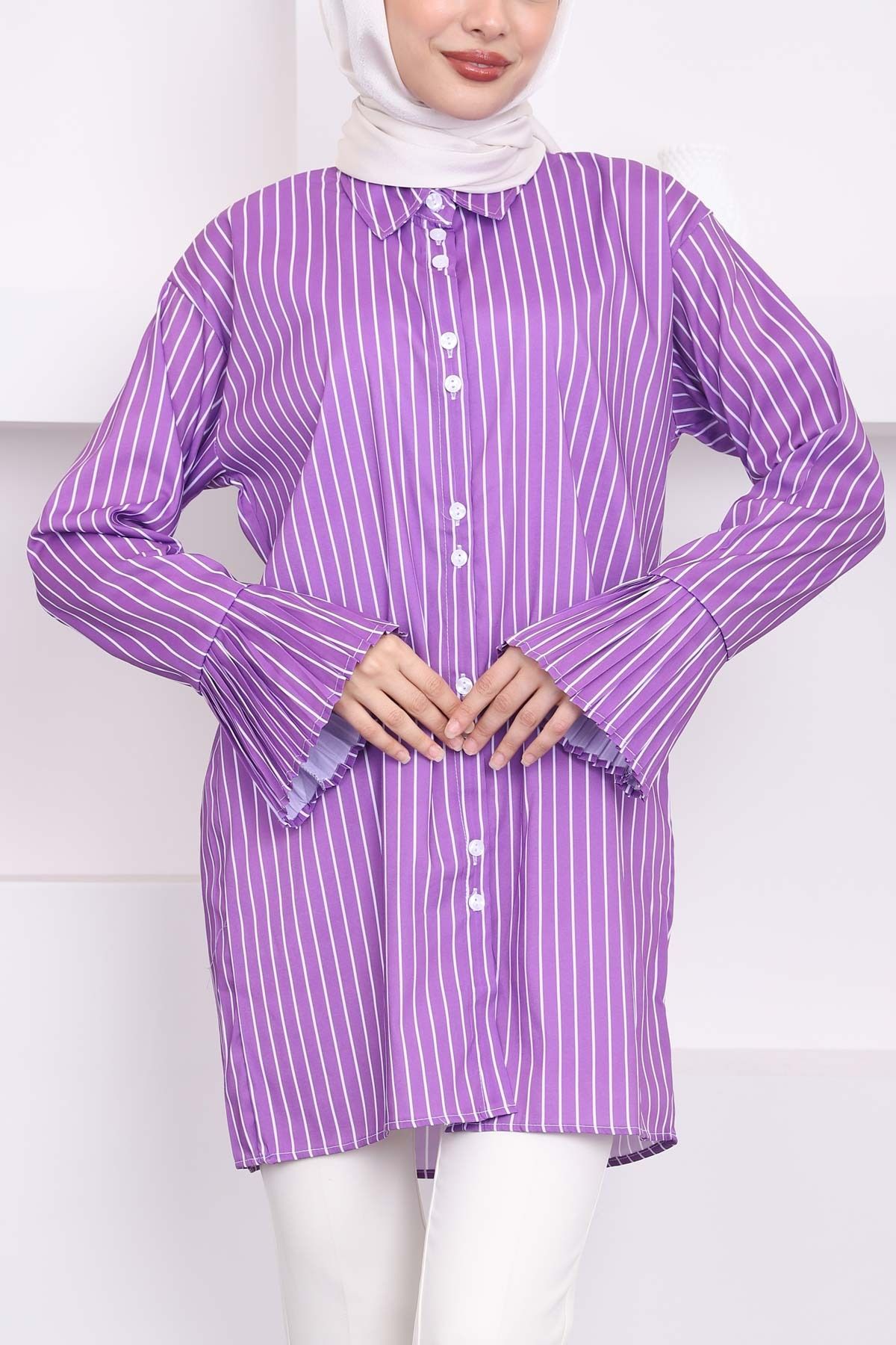 İmajButik-Purple Striped Pleated Sleeve Tunic - Buttoned Design 4