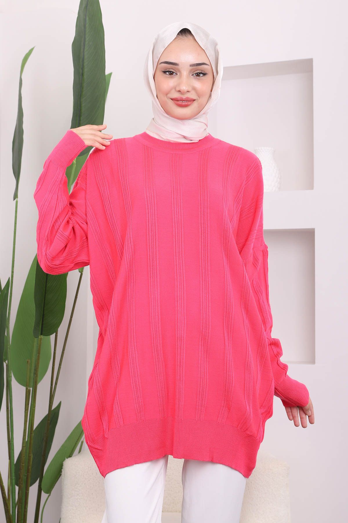 İmajButik-Fuchsia Crew Neck Mercerized Casual Knitwear Tunik 1