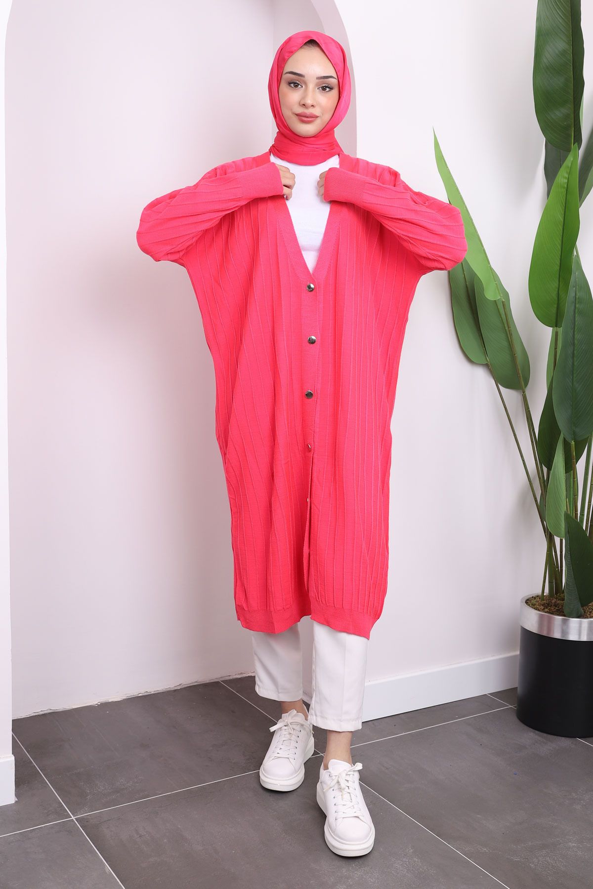 İmajButik-Fuchsia Buttoned Long Knitwear Mercerized Cardigan 1