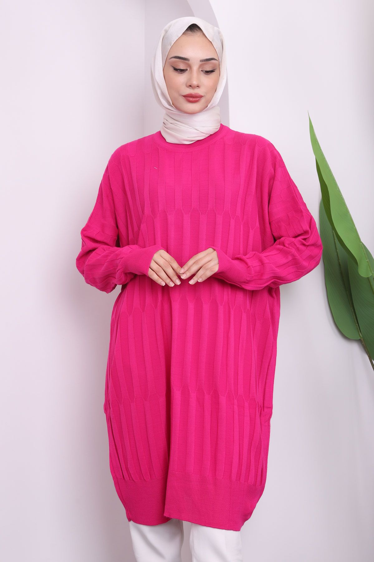 İmajButik-Fuchsia Crew Neck Mercerized Casual Knitwear Tunik 1