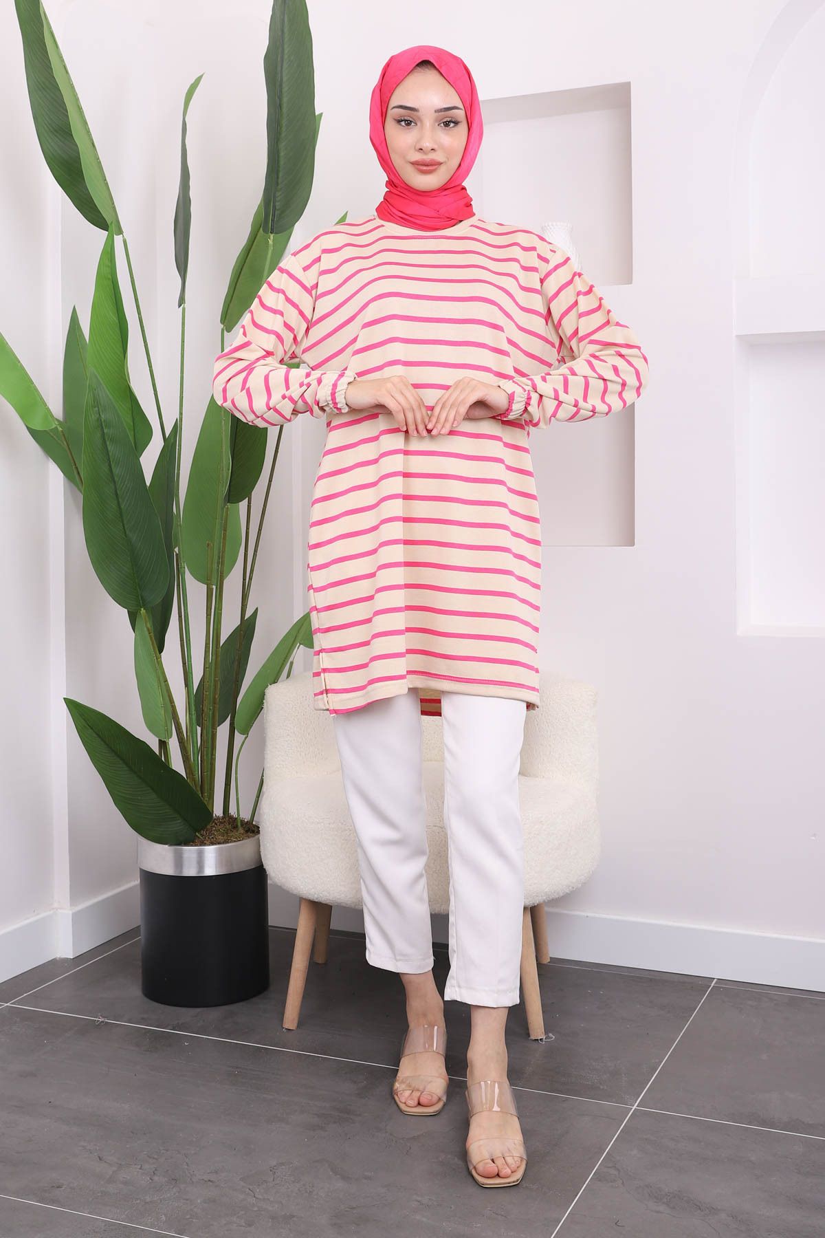 İmajButik-Fuchsia Striped Crew Neck Tunic 1