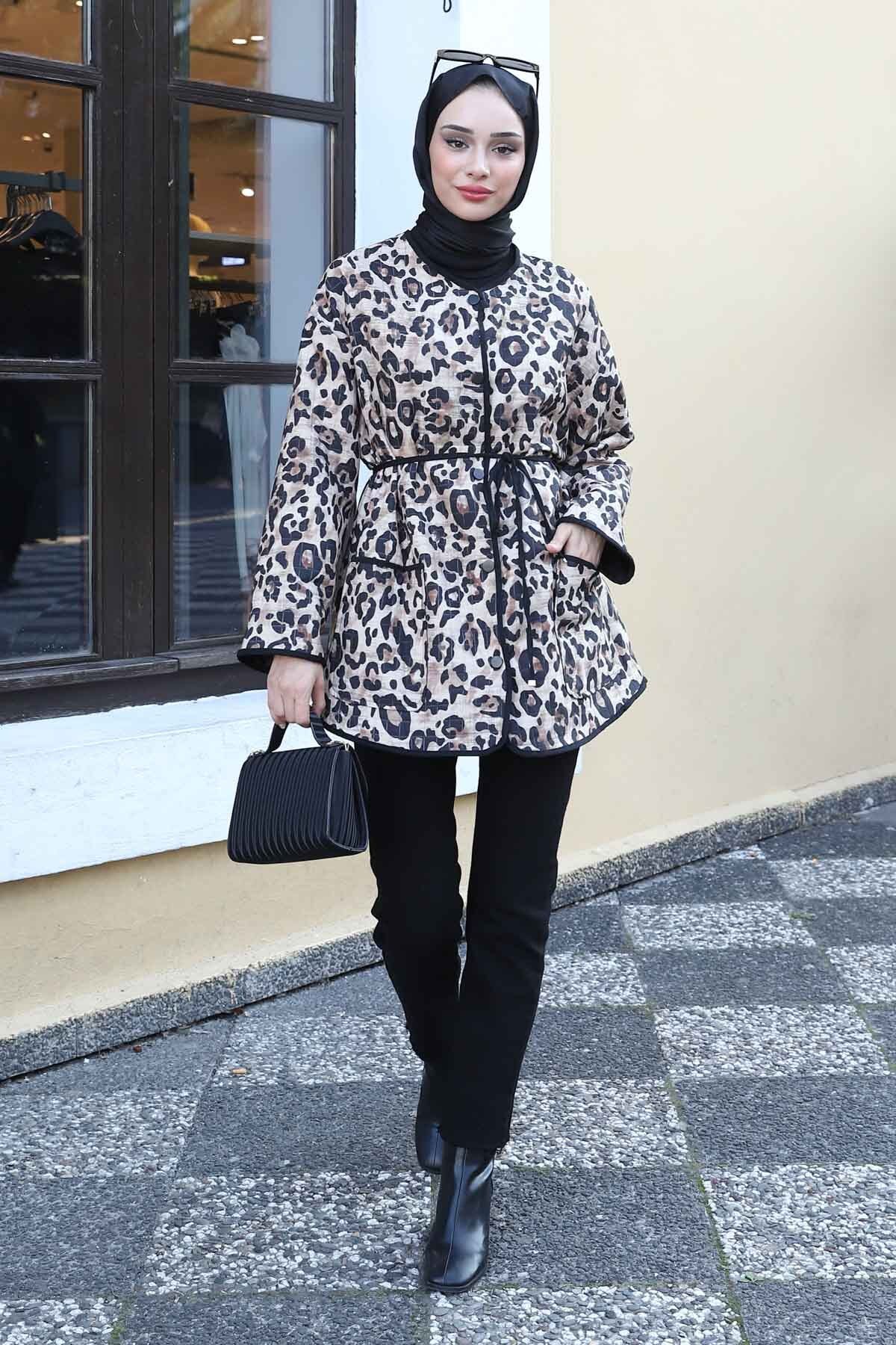 İmajButik-Jachetă matlasată cu model leopard negru 2