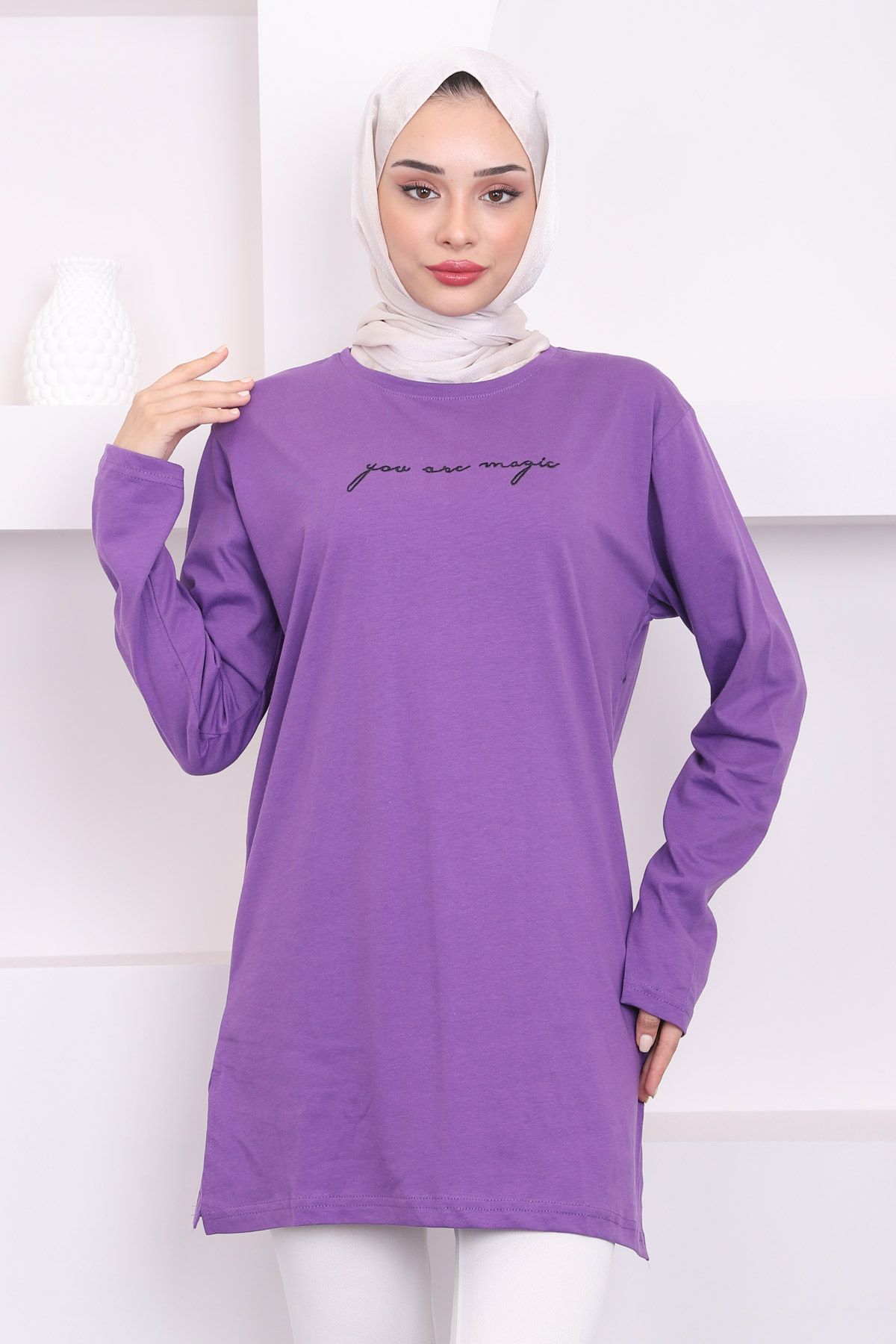 İmajButik-Long Sleeve Purple Printed Combed Cotton Tunic 1