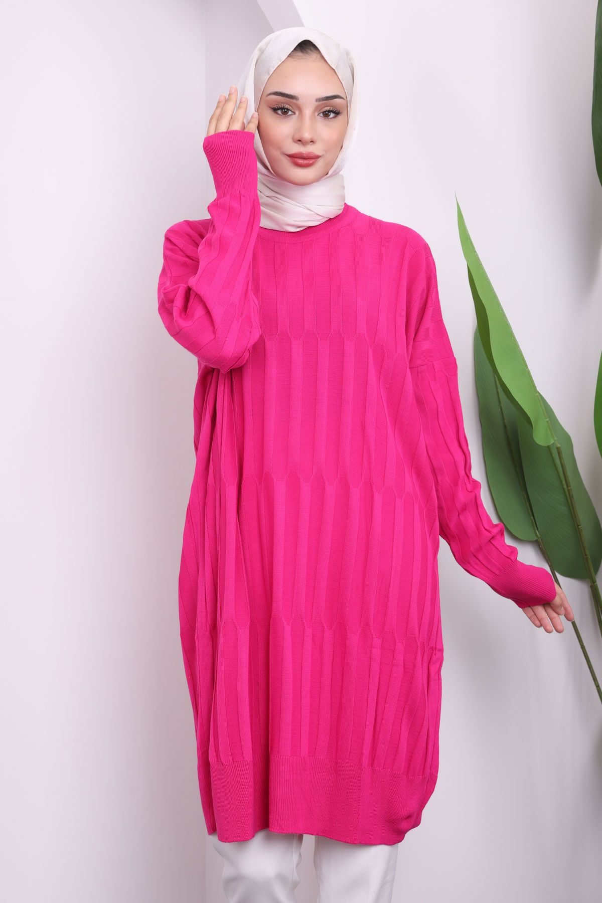 İmajButik-Fuchsia Crew Neck Mercerized Casual Knitwear Tunik 2