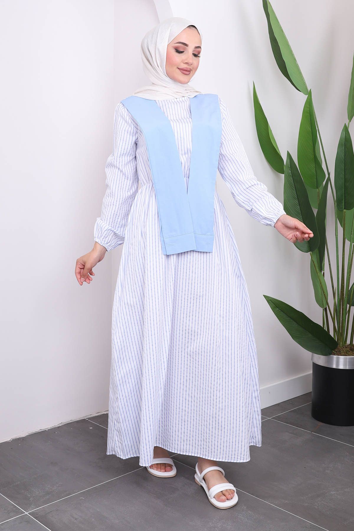 İmajButik-Blue Striped Baby Dress - Collar Detail 2