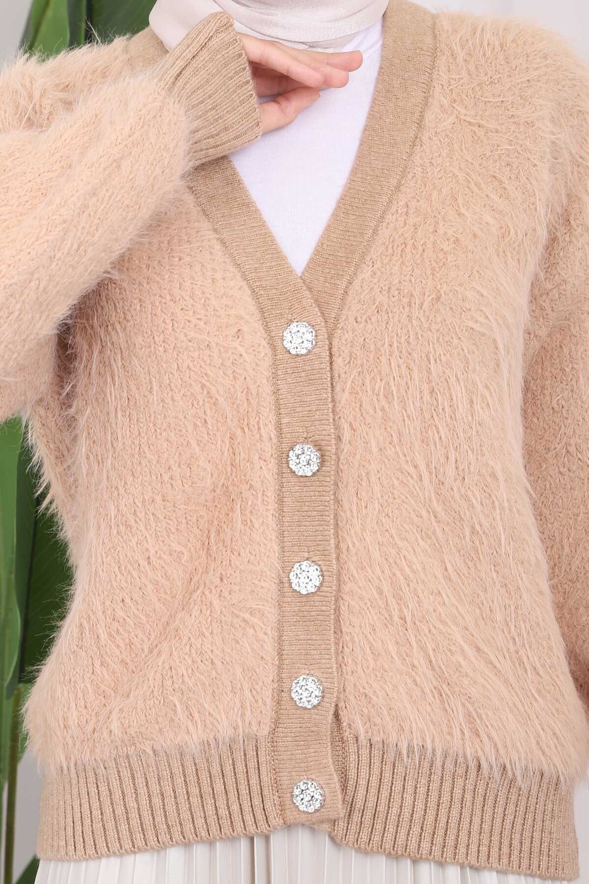 İmajButik-Biscuit Buttoned Angora Fur Knitwear Cardigan 4