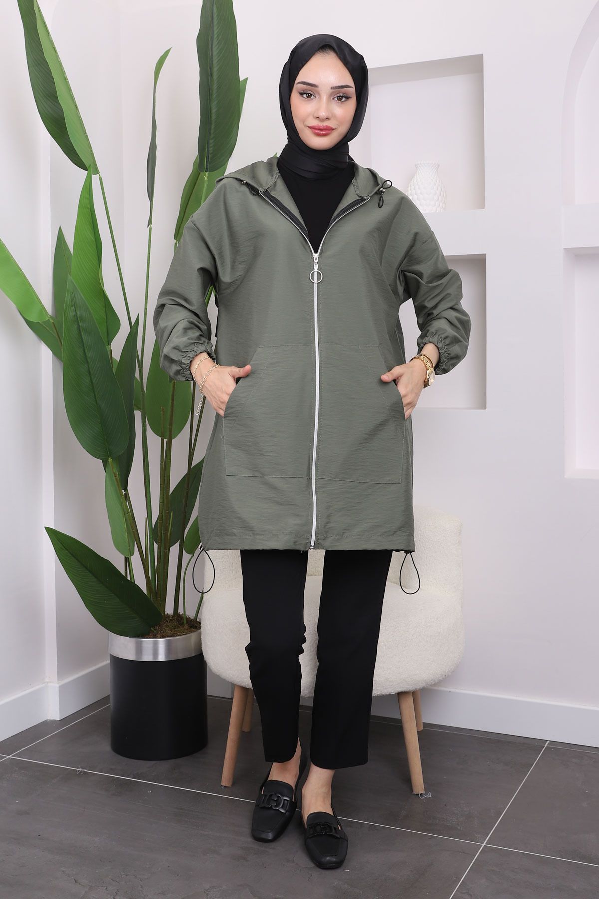 İmajButik-Khaki Hooded Zippered Trench Coat 1