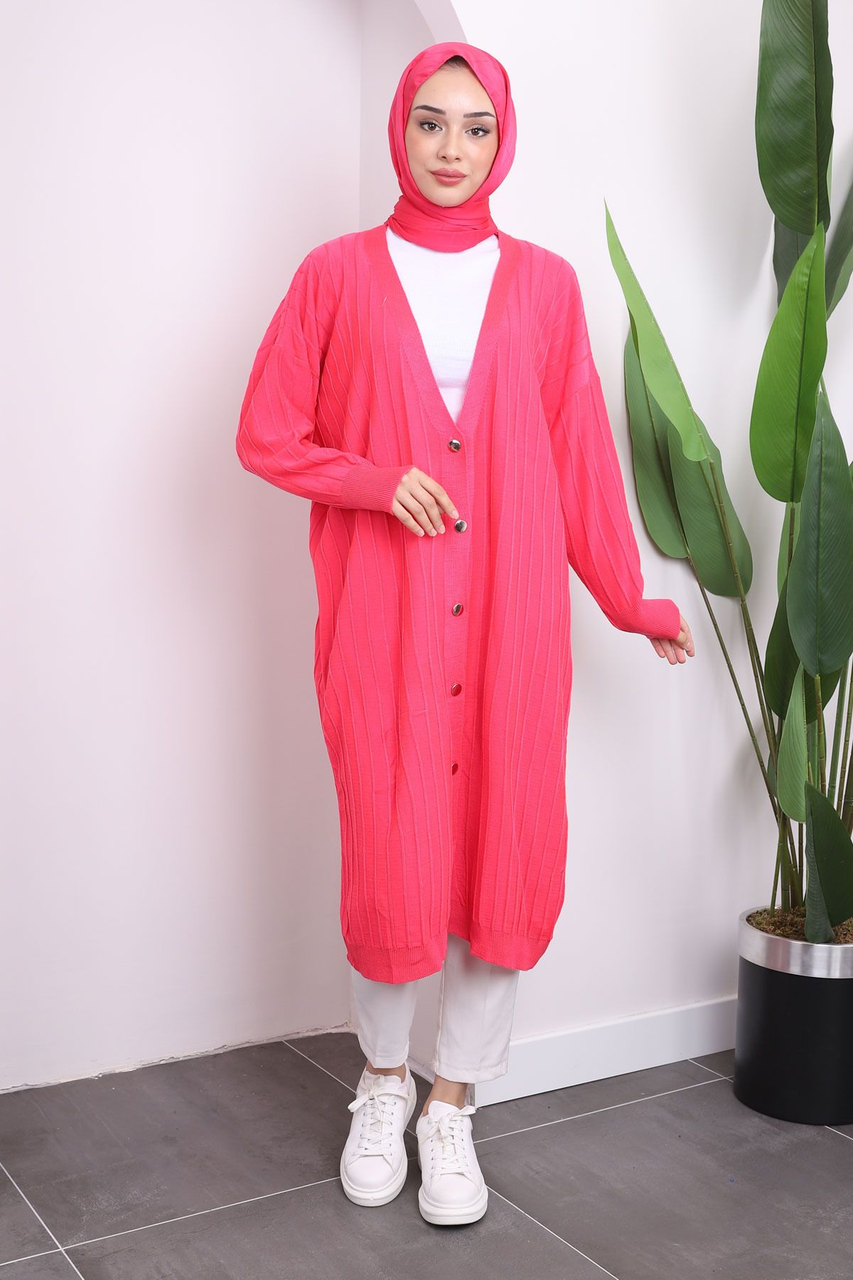 İmajButik-Fuchsia Buttoned Long Knitwear Mercerized Cardigan 2