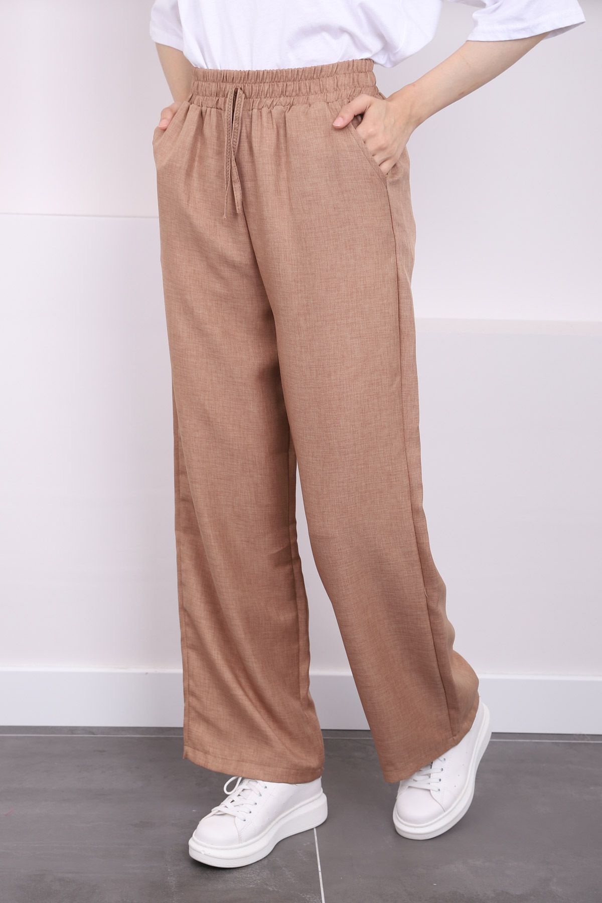 İmajButik-Linen Trousers - with Pockets and Elastic Waist, Brown Color 6