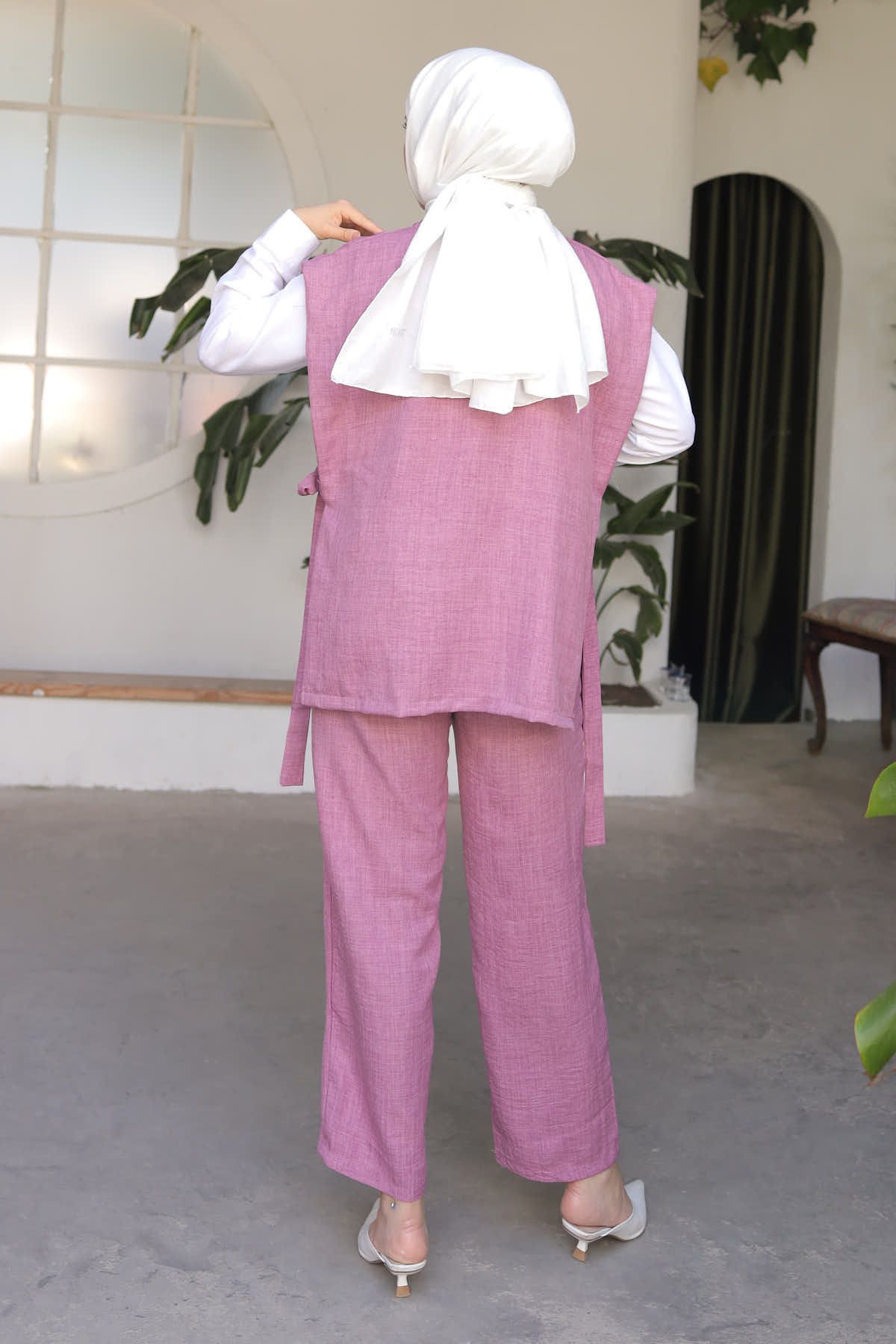 İmajButik-Triple Linen Set with Dried Rose Bronchies and Side Detail 6