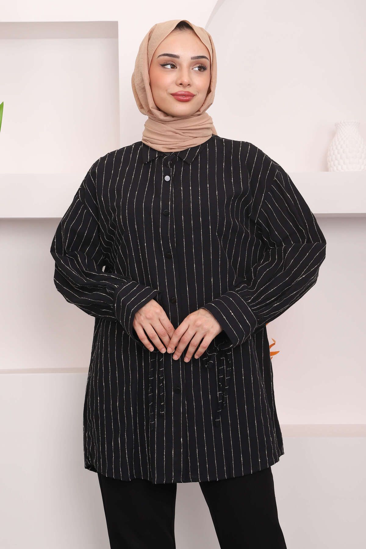 İmajButik-Linen Shirt - Black Striped Design 3