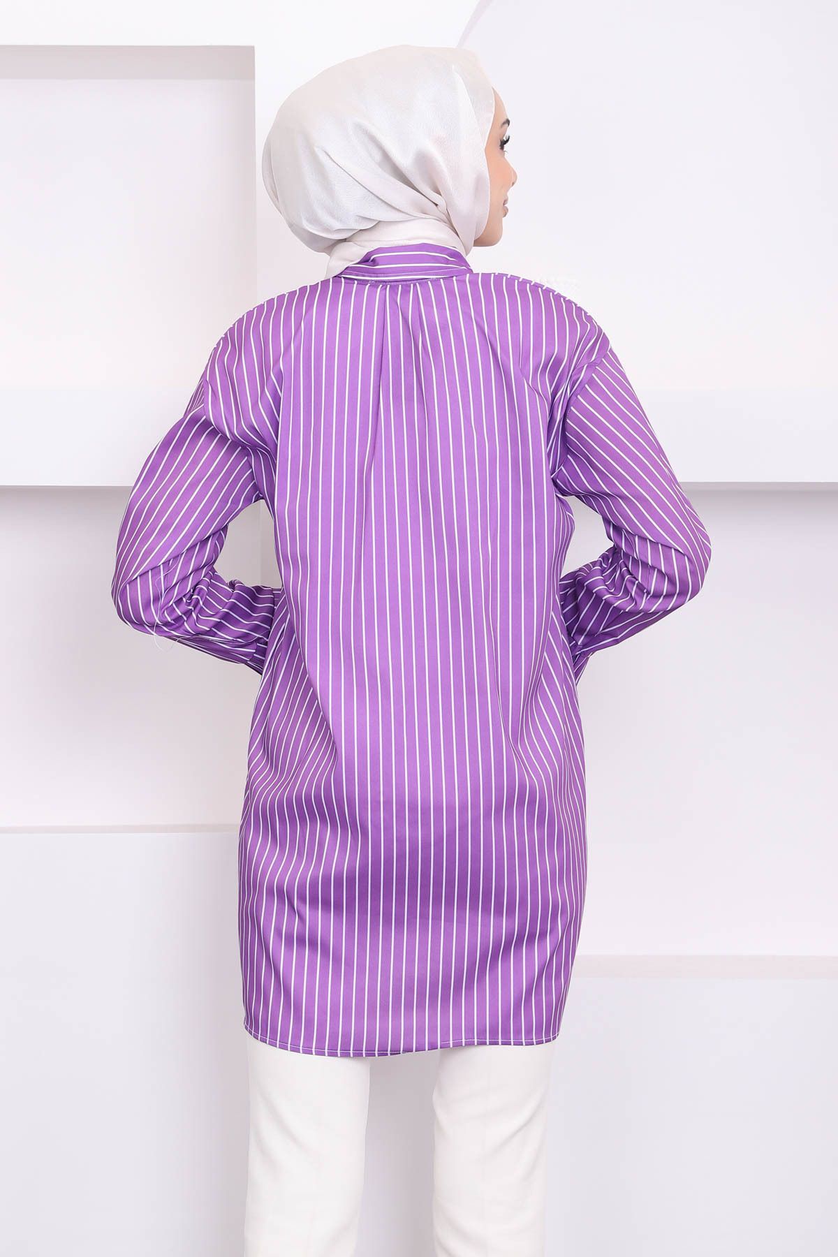 İmajButik-Purple Striped Pleated Sleeve Tunic - Buttoned Design 5