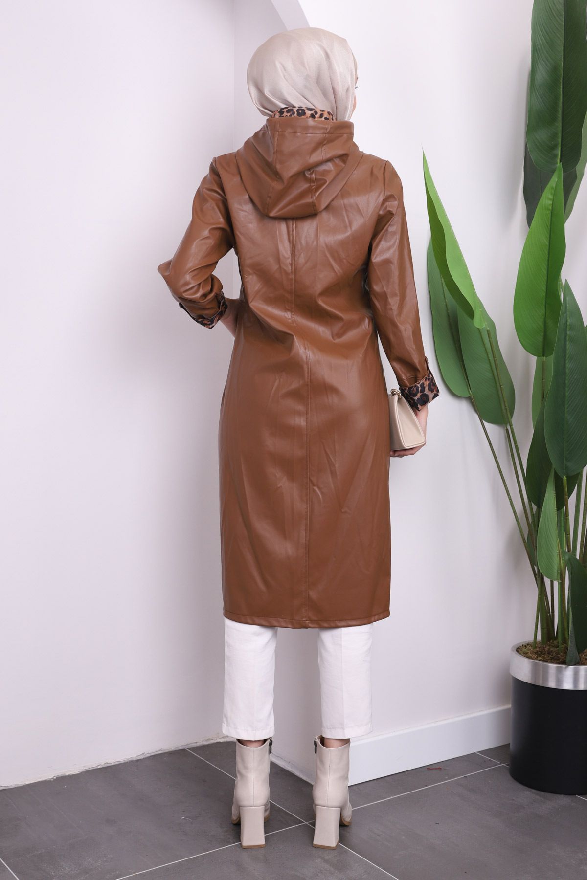 İmajButik-Tan Hooded Sleeve Layered Leather Trench Coat 4