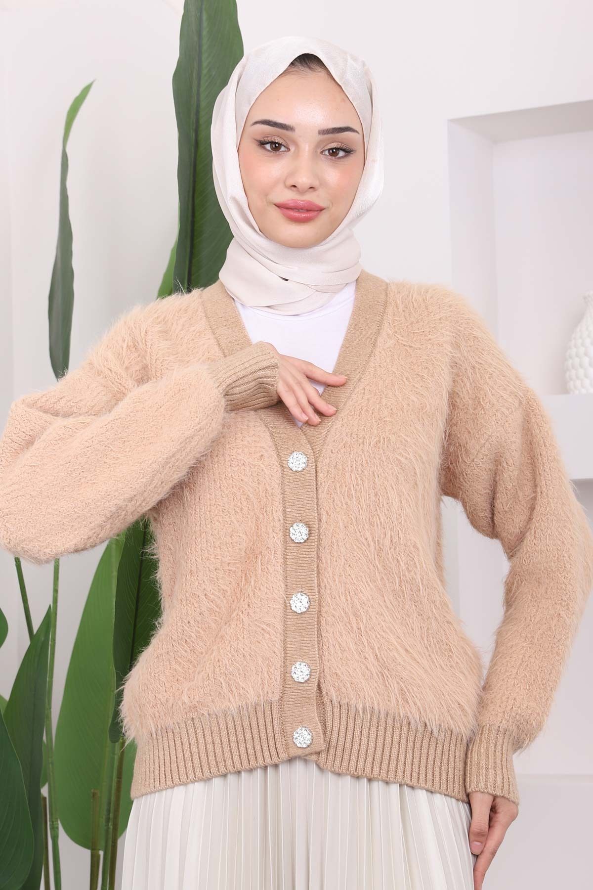 İmajButik-Biscuit Buttoned Angora Fur Knitwear Cardigan 1