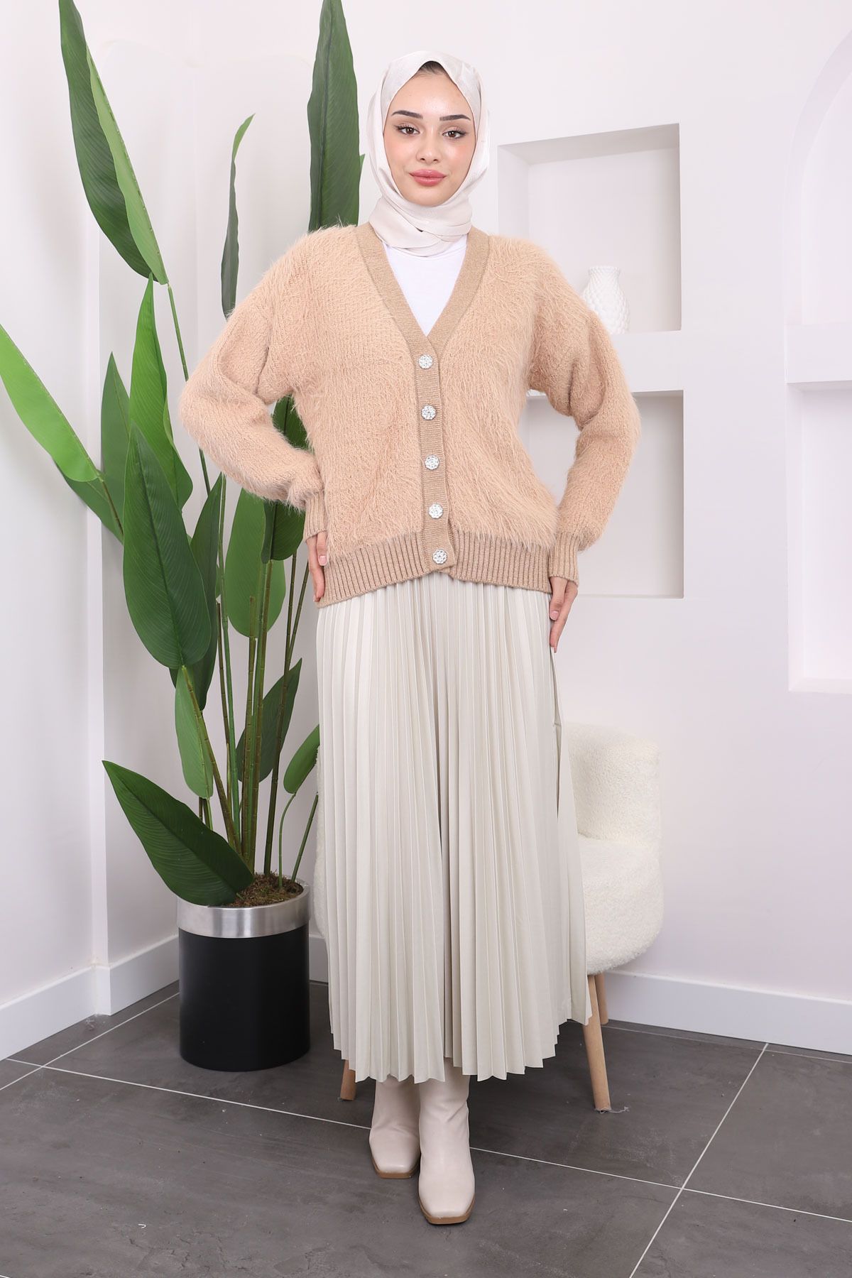 İmajButik-Biscuit Buttoned Angora Fur Knitwear Cardigan 5