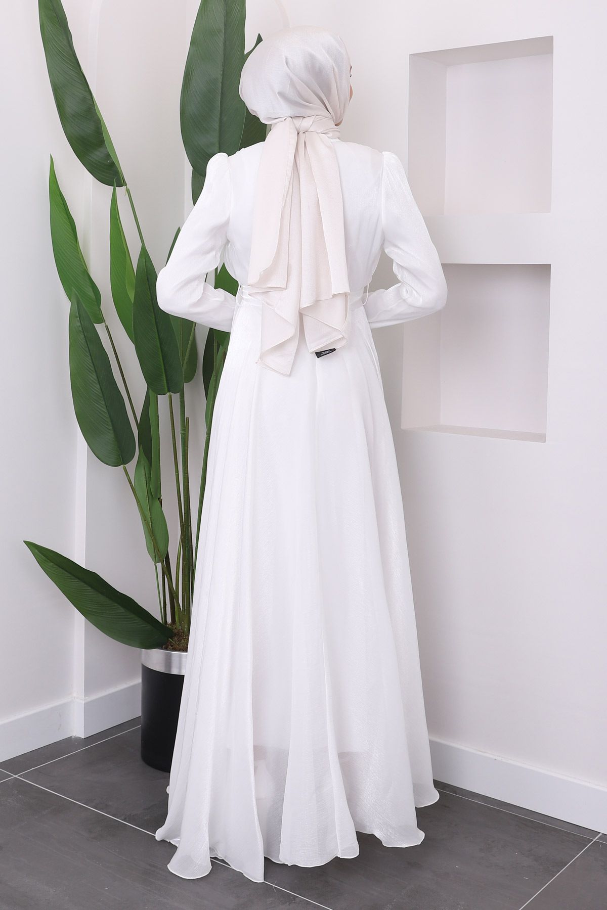 İmajButik-Front Pleated White Belted Evening Dress 5