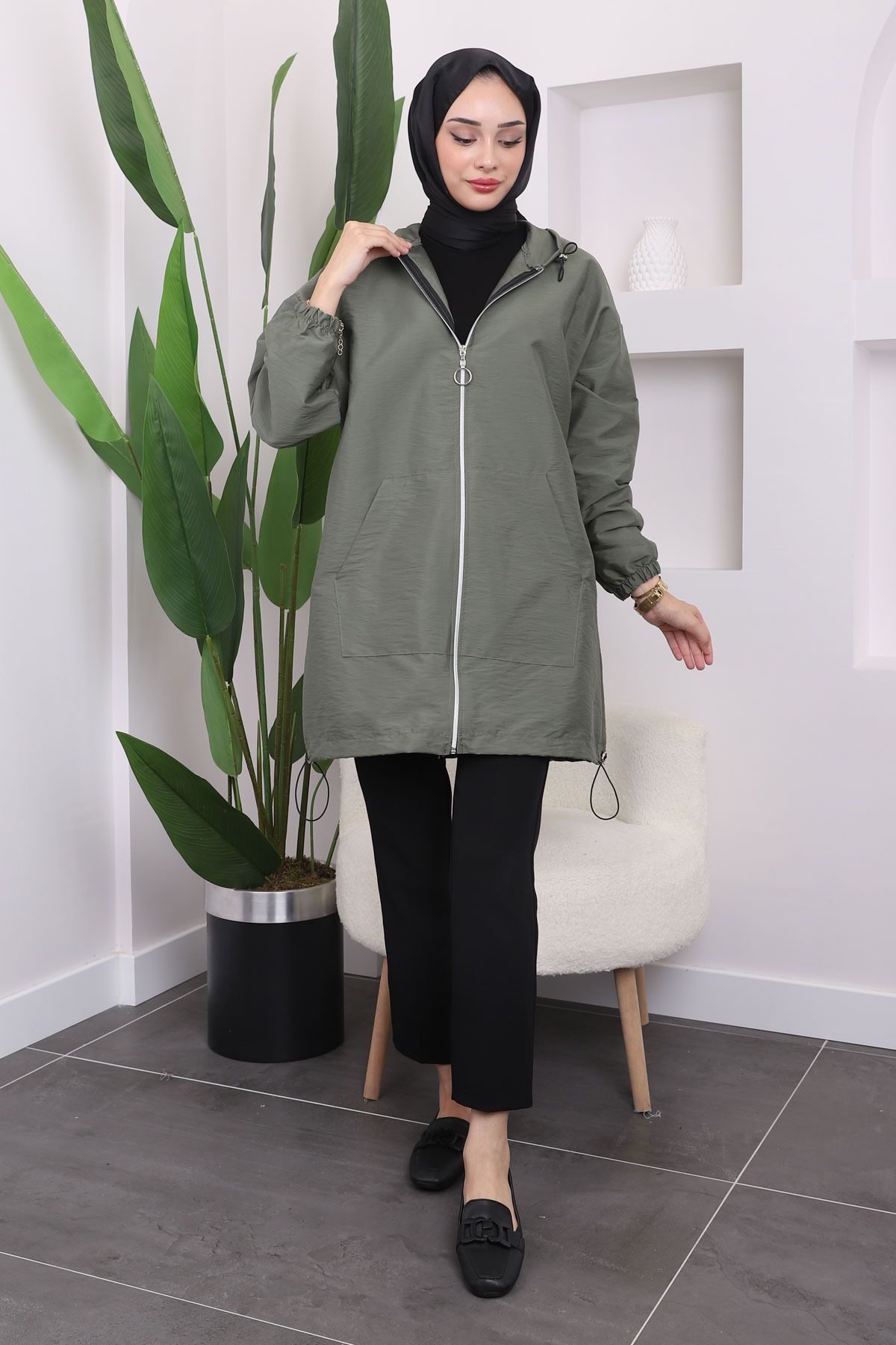 İmajButik-Khaki Hooded Zippered Trench Coat 2