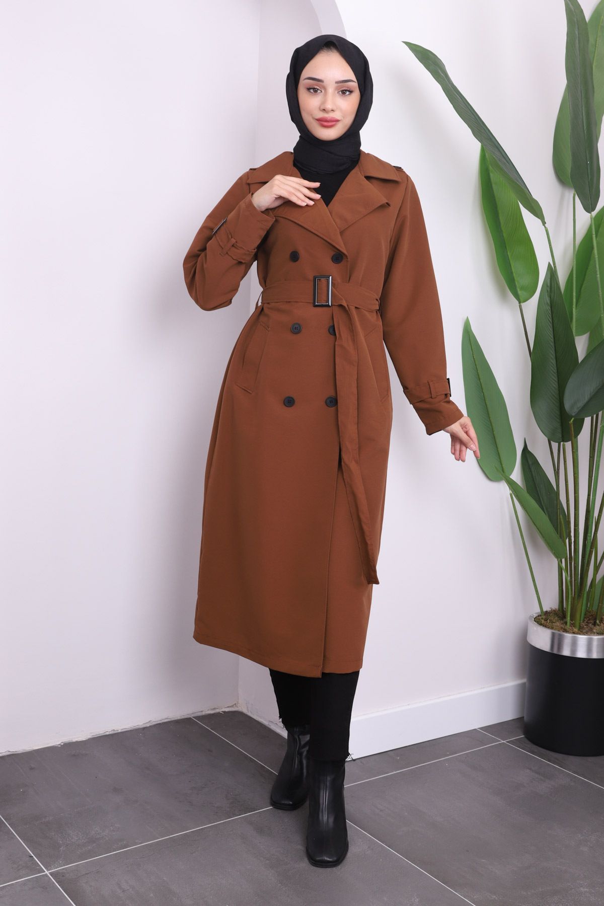 İmajButik-Brown Pocket Waist Belted Trench Coat 1