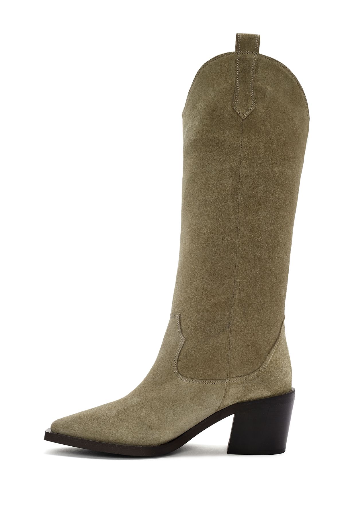 Derimod-Beige Suede Leather Cowboy Boots - Thick Heeled, Model No: 24Wfd 152710 4