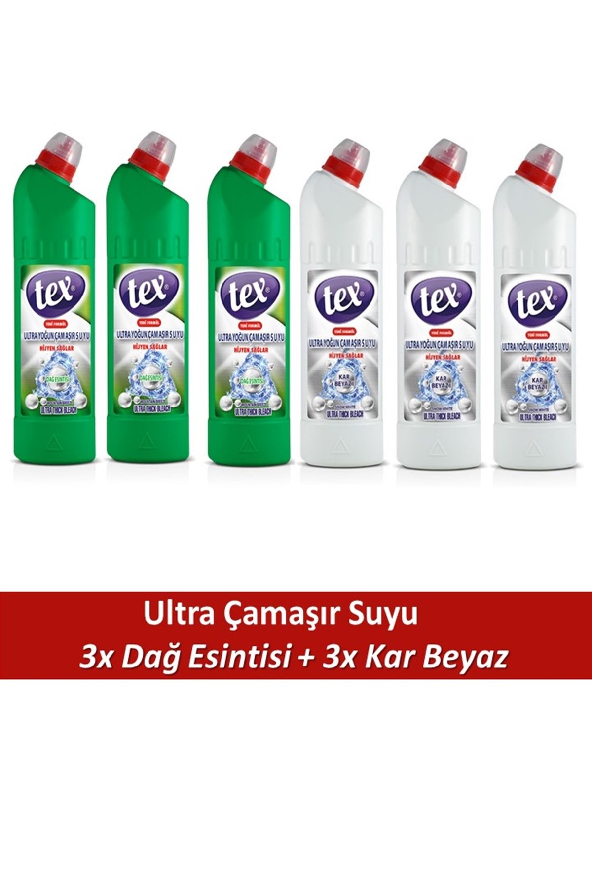 Tex Ultra Çamaşır Suyu 3 Adet Dağ Esintisi 750 Gr + 3 Adet Kar Beyaz 750 Gr , Toplam 6 Adet