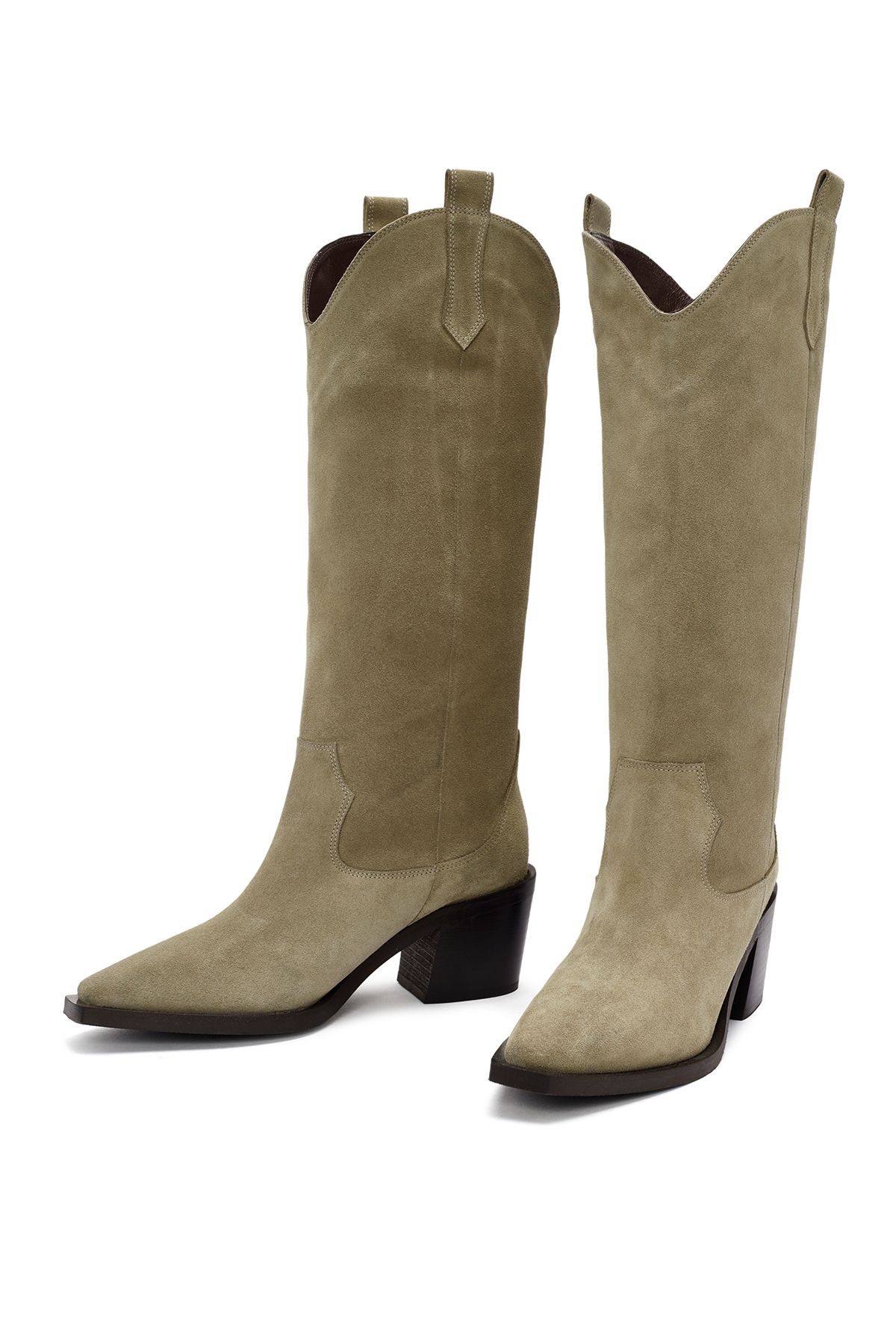 Derimod-Beige Suede Leather Cowboy Boots - Thick Heeled, Model No: 24Wfd 152710 3