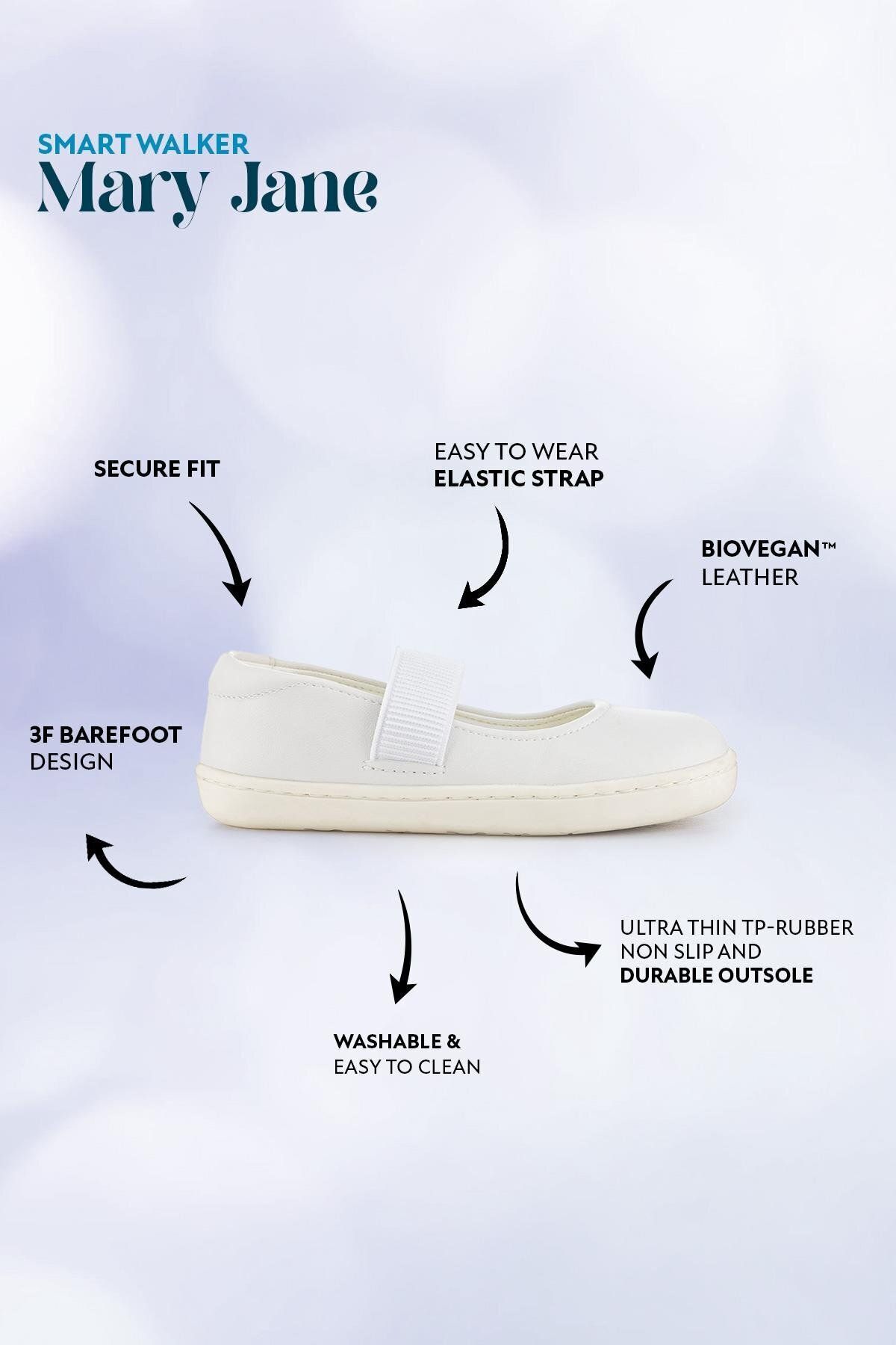 HOPFRÖG-Smart Walker Mary Jane Cool White Pantofi de balerină pentru fete desculțe 2