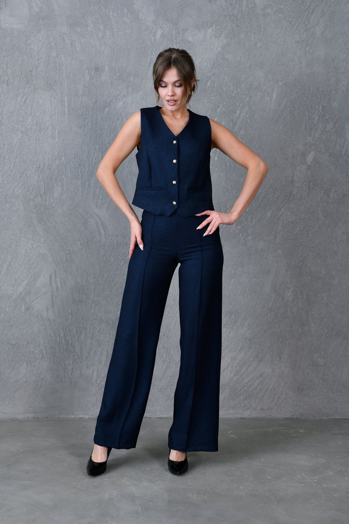 bayansepeti-Navy Blue Lined Wool Effect Fabric Vest and Wide Leg High Waist Pants Two-Piece Set 9111 6