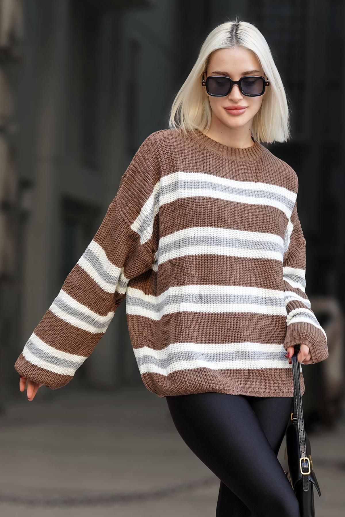 Madmext-Brown Striped Knit Sweater Mg1244 2