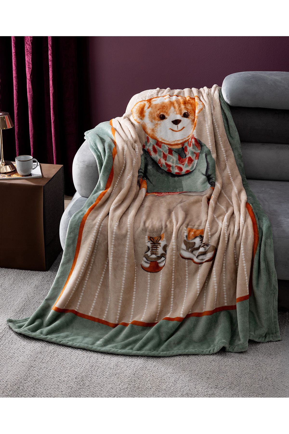 پتوی یک نفره سبز یتو Mystery Bear Welsoft قطبی چاپی تلویزیون آبگوشه رنگ بژ Green  Madame Coco