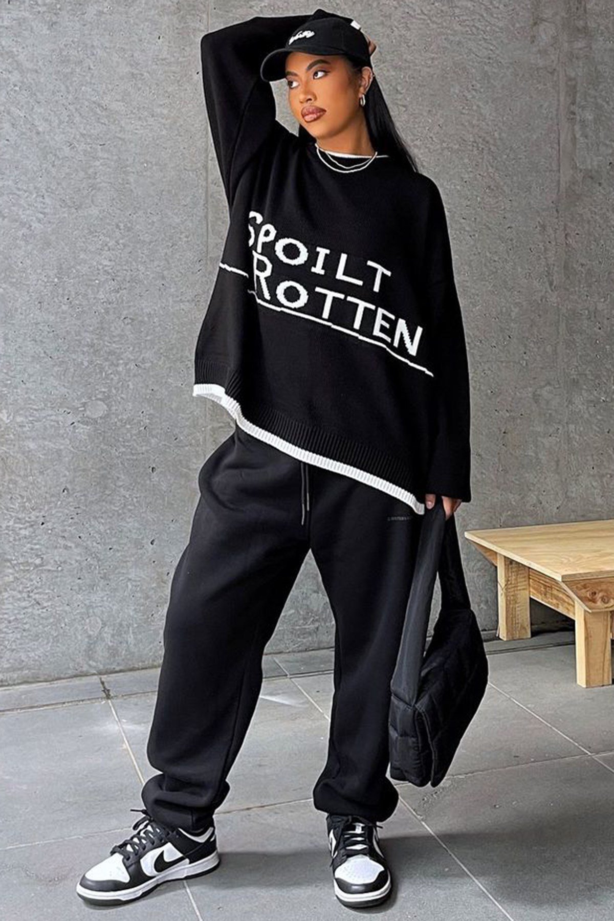 Madmext Siyah Yazılı Oversize Bisiklet Yaka Kadın Kazak Mg1596 görsel 8