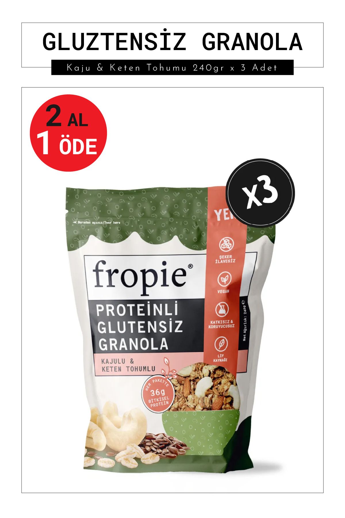 FROPİE Proteinli Glutensiz Granola - Kaju & Keten Tohumu 240gr x 3 Adet