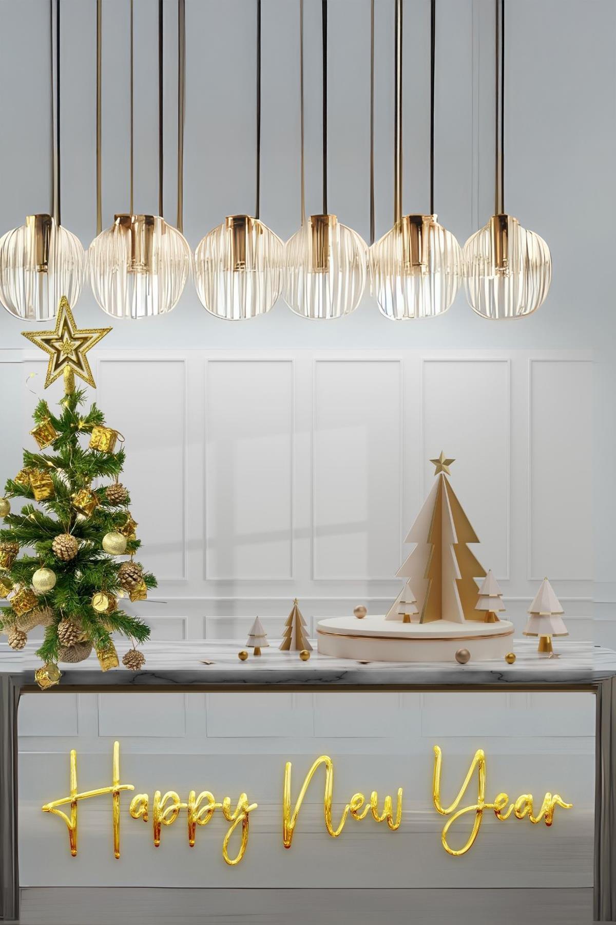 Sole Masaüstü Dore- Altın Konsept Süslü Çam Ağacı 40 cm, Kütüklü Jütlü 25 parça Süs ve Işık