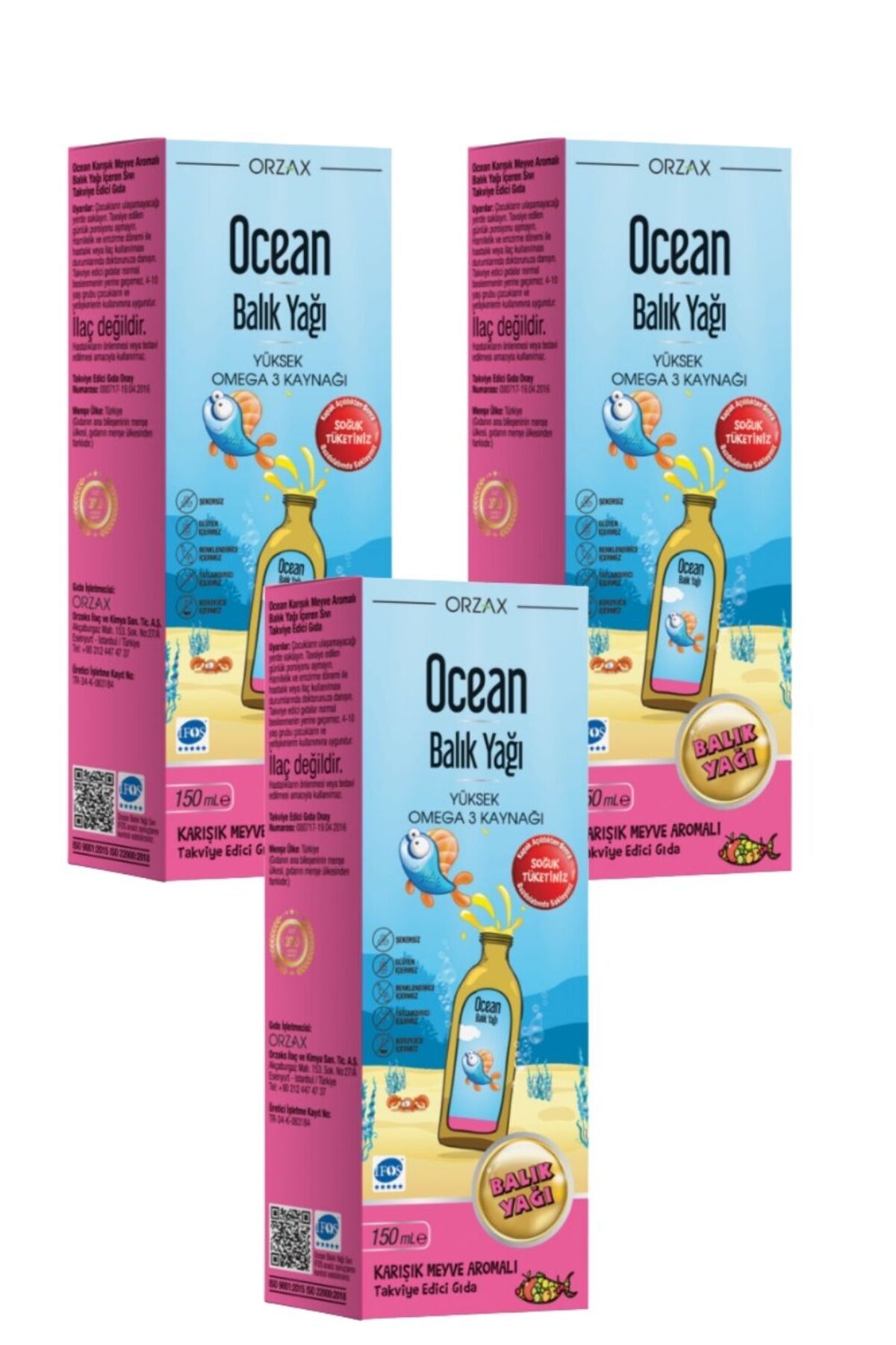 Ocean Balık Yağı Şurubu Karışık Meyve Aromalı 150 ml 3'lü Paket