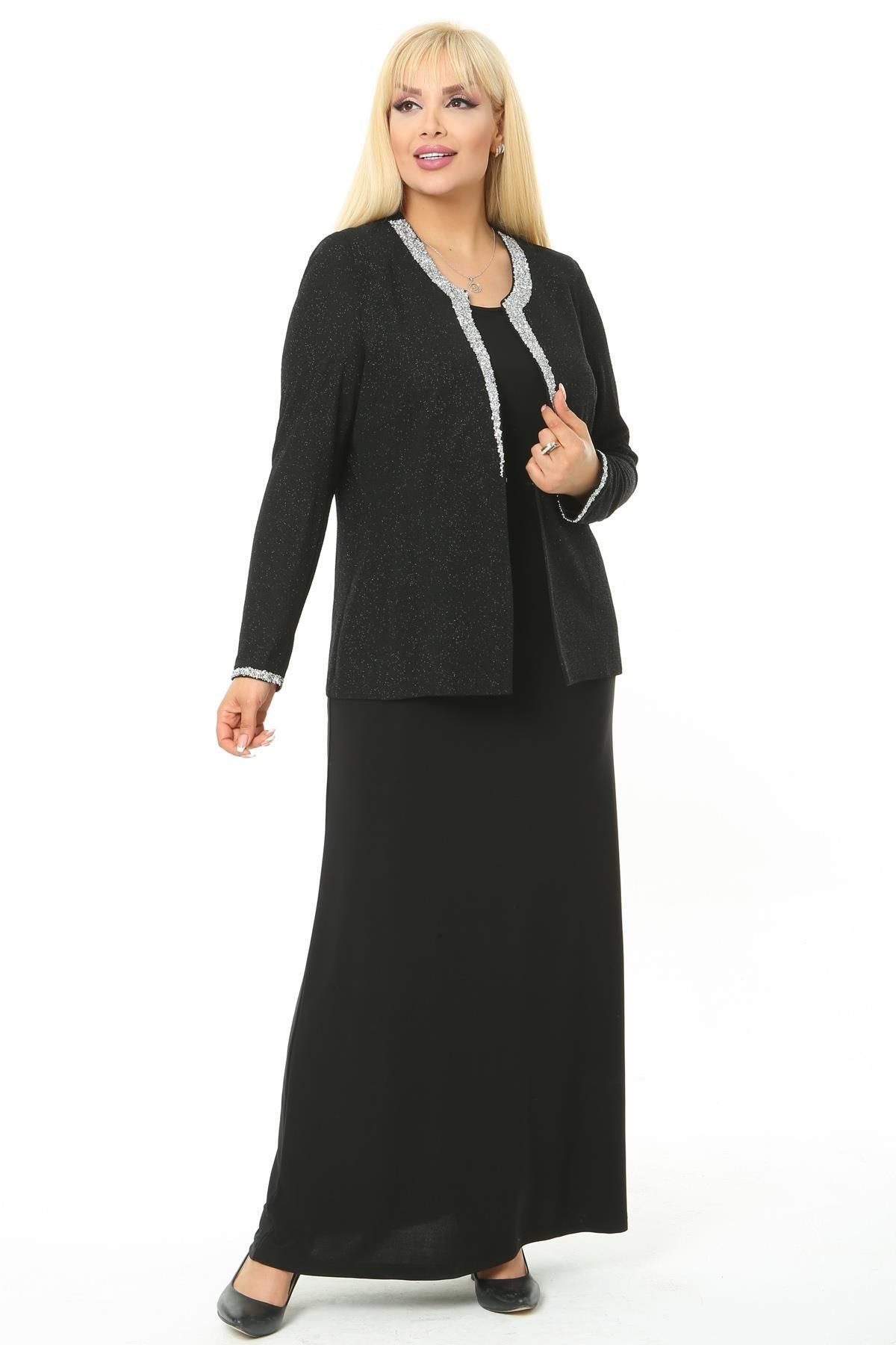 Ladies First-Plus Size 3729 Black Silver Evening Jacket+Gown Set 1