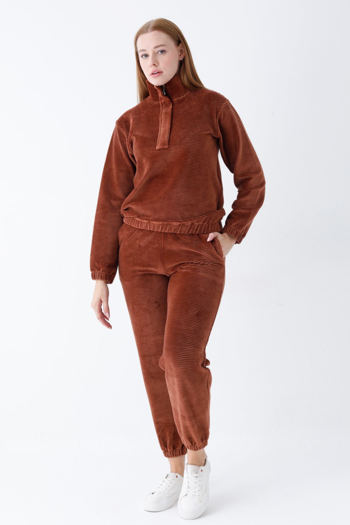 İntensive-Brown Long Sleeve Pocket with Collar Zipper Cotton Velvet Lycra Bottom Top Tracksuit Set 5