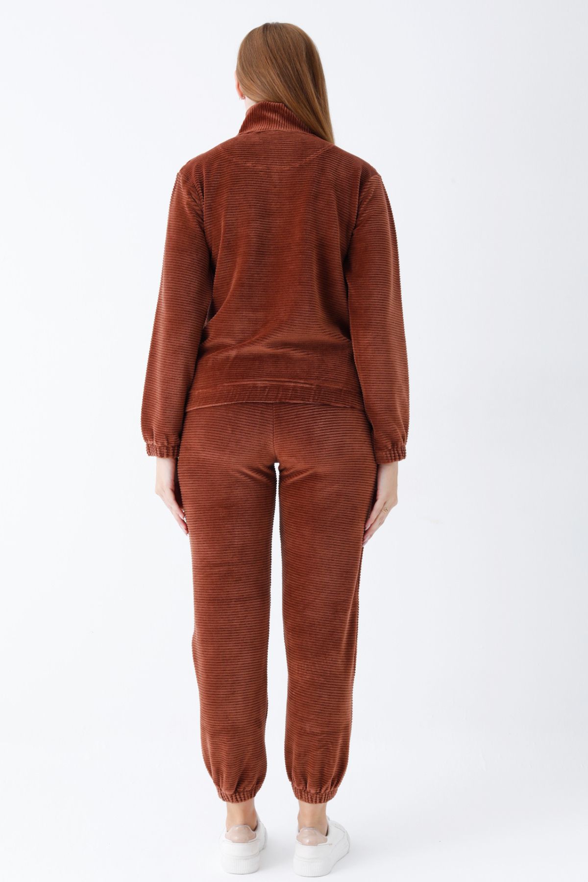 İntensive-Brown Long Sleeve Pocket with Collar Zipper Cotton Velvet Lycra Bottom Top Tracksuit Set 6