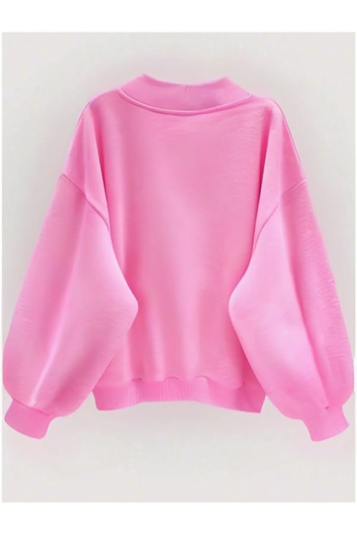 FUWEAR  Kadın Pembe Renk V Yaka Oversize Sweatshirt - Görsel 2