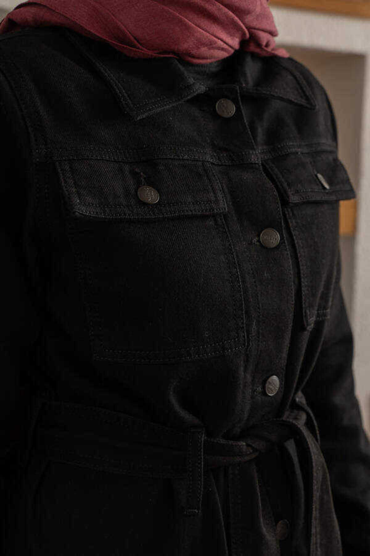 Neways  6653-Cepli Kuşaklı Kısa Ceket Siyah - Görsel 8